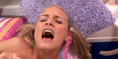 A blonde whore that loves to fuck is on the bed, exposed for us