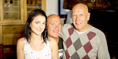 Sweet young brunette Dyana fucked twice by two horny old men