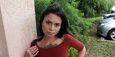 Outstanding busty brunette Genevieve Sinn fucked on the backseat