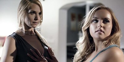 Two busty babes Sarah Vandella and River Fox share a rich guy's dick