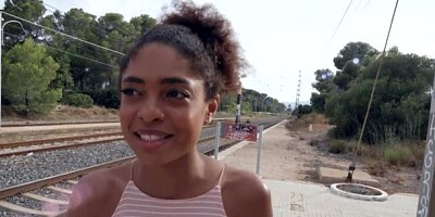 Glamorous ebony hottie Luna Corazon opens her nice pussy for a white dick