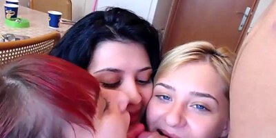 Three horny amateur housewives get fucked in the kitche