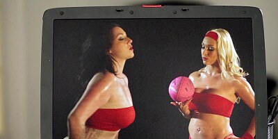 Sporty dream girls with fake titties fuck a guy together