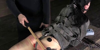 Tied down ball gagged sub electric tormented spanked hard