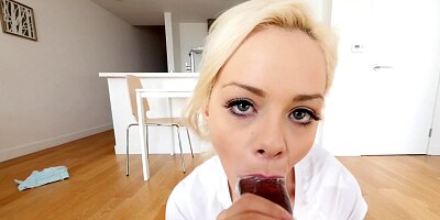 A blonde is sucking dick with her sexy little mouth here