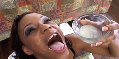 Marie Luv swallows loads form the bowl