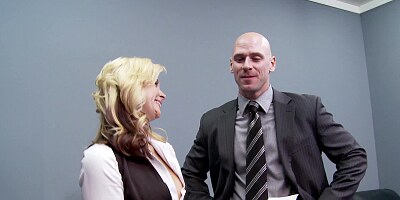 A blonde gets her tits and pussy licked in the office by her boos
