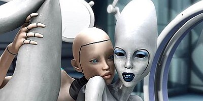 Female sex android plays with an alien in the sci-fi lab
