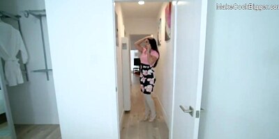 Hot big tits MILF strokes my cock at home. Cum in mouth