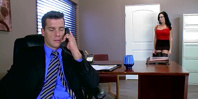 Voluptuous female blows and rides dick of her excited boss