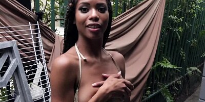 Tight-bodied black babe is polishing big white pecker