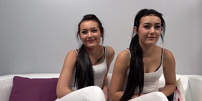 Cute twins are asked to go down on their knees and give a blowjob