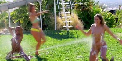 Pussy licking in an steamy orgy with a horny swinger brunette.