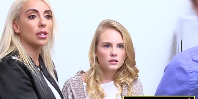 Lucky officer is getting a blowjob from two slutty blonde babes in his office.