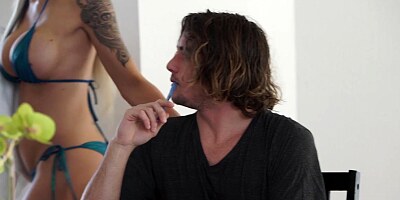 Two alluring babes are sharing the cock of the long-haired man in a threesome