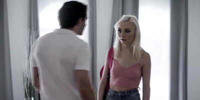 Sweet blonde minx was asked for quick blowjob and sex by her randy stepbro