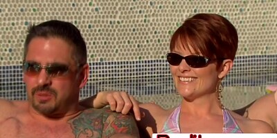 Two hot swinger babes are sharing a huge cock while fucking in a wild threesome in the shower.