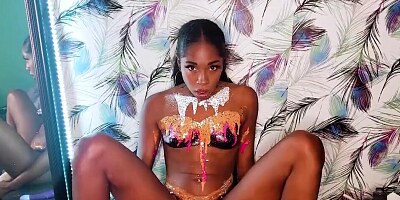 After getting undressed, the ebony sweetheart will masturbate until she orgasms