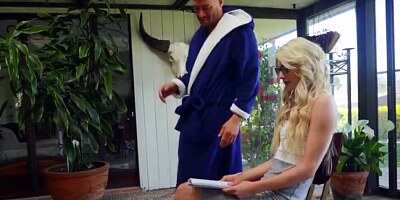 Slim blonde cooze with glasses stuffs her mouth with the giant cock of her stepson