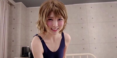 Adorable Japanese doll is riding an erect prick while wearing a swimsuit