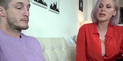 Blonde mommy with massive tits is blowing and fucking a hot young stallion