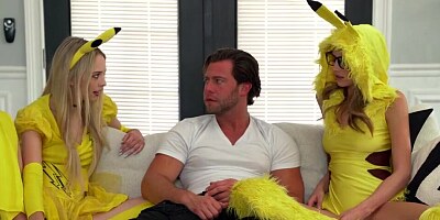 Two young girls are dressed as Pokemon characters in this sweet cosplay thresome