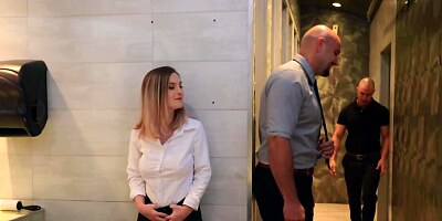 Sexy restroom attendant provokes the bald customer to fuck her