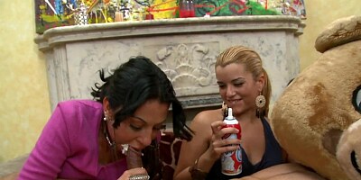Girls start smiling when a stripper removes his pants while dancing