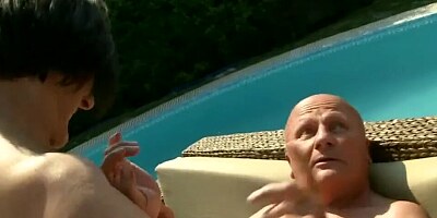 Naughty granny is fucked by a neighbor by the pool