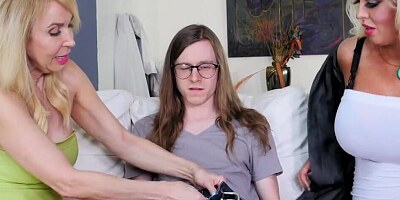 Skinny nerd fucks two slutty moms Erica Lauren and Alura Jenson