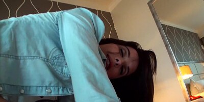 A pretty brunette pulls on a dick and she rides it after that