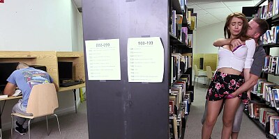 Hot brunette gets her pussy pounded in the library and gets cumshot