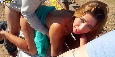 Dress-wearing hoe flashing her tits