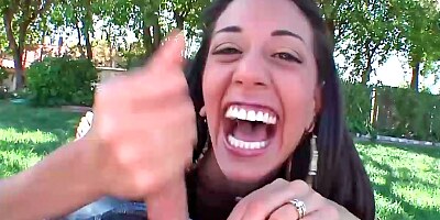 Endearing hottie Lyla Storm wanks her man's cock outdoors