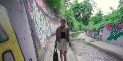 Skinny redhead Ariela Donovan has sex in public