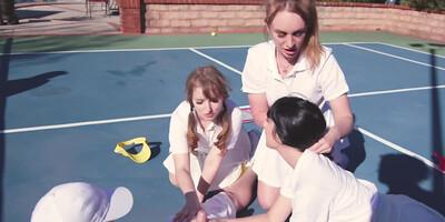 Female tennis players work as a team during outdoor threesome sex