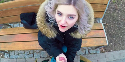 Cutie Eva Elfie gives a blowjob in the park