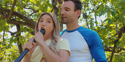 Hot blonde Abella Danger with hairy pussy has sex outdoors