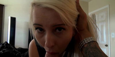 Blonde babe is rubbing her roommate's dick