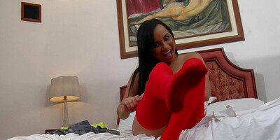 Brunette in red stockings likes black cock