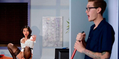 Good-looking brunette Asian Cindy Starfall swallows a long penis