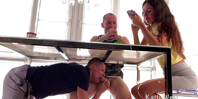 Sucked His Friend Dick Under The Table Until His Step Sister Sees. Risky Blowjob Almost Caught - Katty West And Oliver Strelly