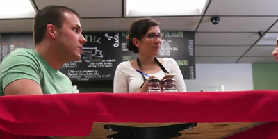 Lovely is nailed in missionary pose on the empty cafe table