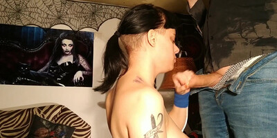 Sub slut get bukkake blowbang & eat her Master cum as gift