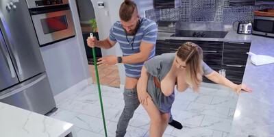 Bearded lecher fucks girlfriend's busty stepsister in the kitchen