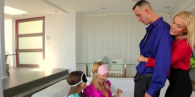 Best friends share an escort's hard cock while blindfolded