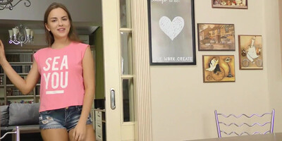 Splendid teen with untanned tits masturbates pussy