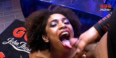 Ebony hussy Luna Corazon wants her mouth packed with jizz after interracial gangbang