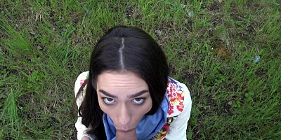 Russian Arwen Gold gets her hairy pussy fucked & eats cum outdoors