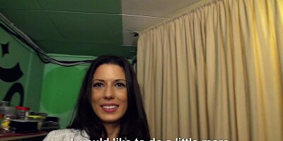 Lustful girl shows off boobs and gives a blowjob for money